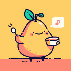 Cute cartoon pear character holding bowl and spoon, expressing joy with musical note