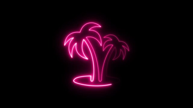 Tropical vertical beach palm tree icon animation with glowing summer vibes on black background