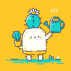 Naklejka premium Cute cartoon character holding watering can and potted cactus, cheerful and colorful