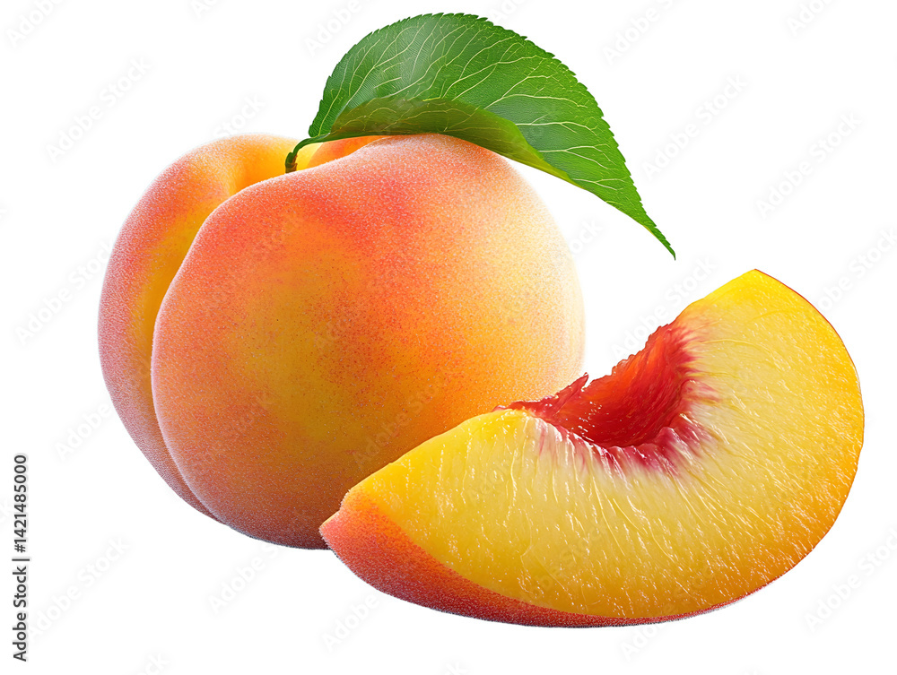 Poster peach isolated png. peach with a slice on transparent background. png format. peaches with leaf no b