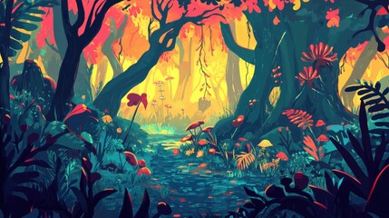 Enchanted Forest Stream: A Vibrant Digital Painting of a Magical Forest with a Lush Creek