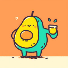 Obraz premium Cute and funny avocado character holding drink, radiating joy and playfulness
