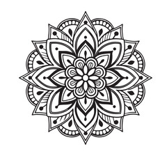 Intricate Mandala Design Symmetrical Floral Pattern in Black and White Line Art