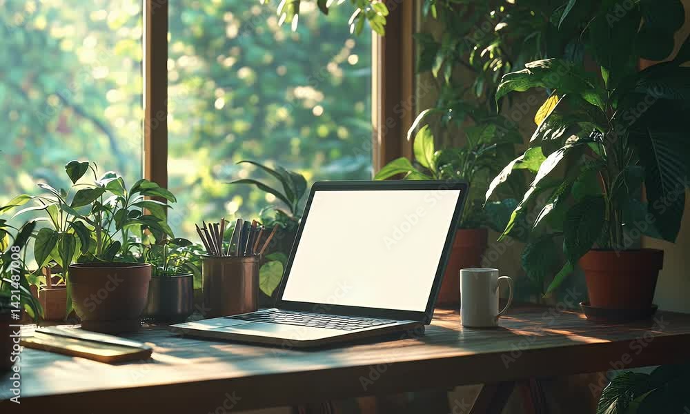 Poster 3d rendering of an open laptop with a blank white screen on the table in front of a large window, su