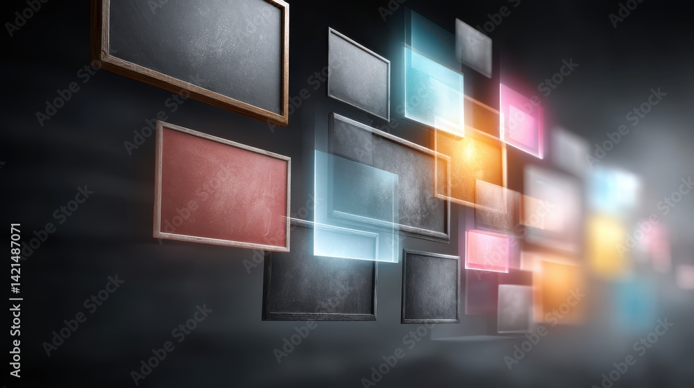 Poster abstract display of colorful frames floating against a dark background, creating a modern and artist
