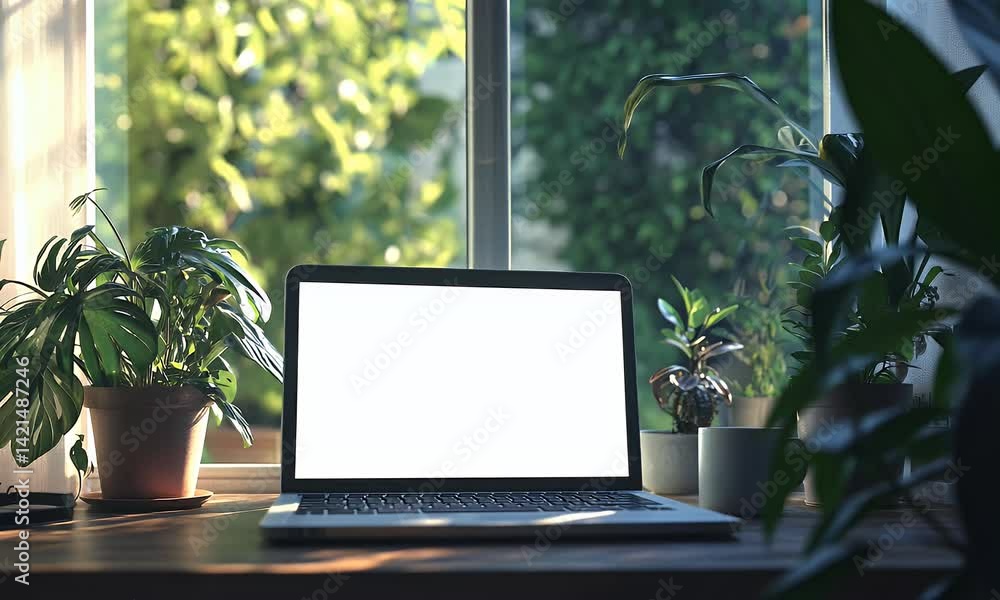 Aufkleber 3d rendering of an open laptop with a blank white screen on the table in front of a large window, su