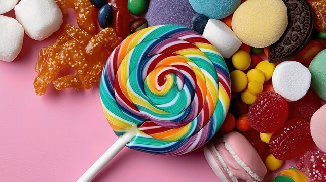 A vibrant swirl lollipop takes center stage among a playful mix of candies and sweets, creating a joyful burst of color and sugary delight.

