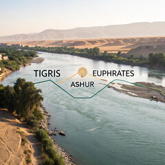 Fototapeta premium Tigris and Euphrates Rivers with Ashur Region Label on Middle Eastern Landscape