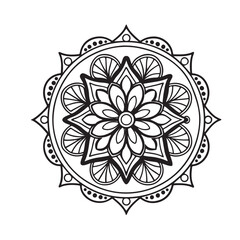 Intricate Mandala Design Symmetrical Floral Pattern in Black and White Line Art