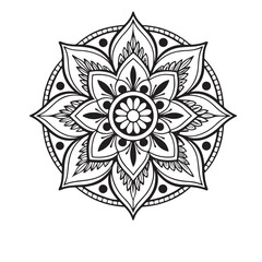 Intricate Mandala Design Symmetrical Floral Pattern in Black and White Line Art