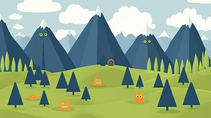 Playful Monsters in a Majestic Mountain Landscape: A whimsical illustration of cartoon creatures nestled amongst picturesque peaks and lush greenery.