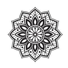 Intricate Mandala Design Symmetrical Floral Pattern in Black and White Line Art