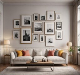 Chic gallery wall featuring mixed frame styles, bright living room , decor, apartment, wall art
