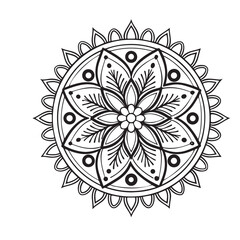Intricate Mandala Design Symmetrical Floral Pattern in Black and White Line Art