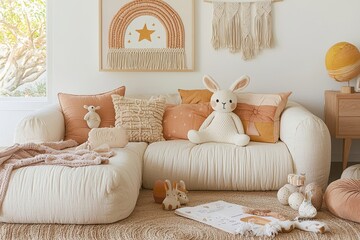 Bohemian-Inspired Easter Decor Featuring Soft Textiles and Adorable Accessories for a Vibrant and Cozy Living Space