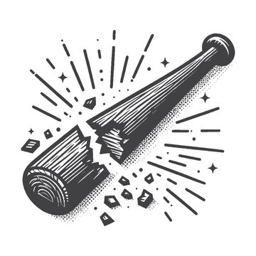 Vintage Hand-Drawn Broken Baseball Bat Illustration &ndash; Sports Defeat Engraved Style Vector for T-Shirts, Posters, Stickers, and Baseball Game Themes Apparel