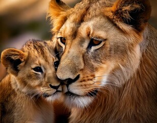 Fototapeta premium Una leona acaricia tiernamente a su cachorro; su vínculo de amor y fuerza se hace evidente en el primer plano.