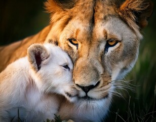 Fototapeta premium Una leona acaricia tiernamente a su cachorro; su vínculo de amor y fuerza se hace evidente en el primer plano.