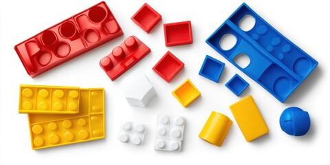 Colorful plastic building blocks scattered on a white surface, showcasing creativity and playfulness