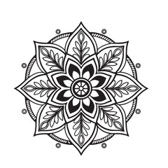 Intricate Mandala Design Symmetrical Floral Pattern in Black and White Line Art