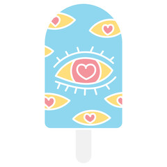groovy ice cream, groovy boho popsicle in doodle flat color style. Colorful ice cream pop with eye and heart designs on a blue background.