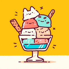 Cute and funny ice cream sundae with colorful scoops and playful characters