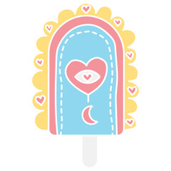 groovy ice cream, groovy boho popsicle in doodle flat color style. Colorful ice cream popsicle with heart and moon design.