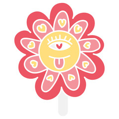 groovy ice cream, groovy boho popsicle in doodle flat color style. Colorful flower lollipop with an eye and playful elements.