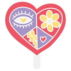 groovy ice cream, groovy boho popsicle in doodle flat color style. Colorful heart-shaped lollipop with playful designs and patterns.