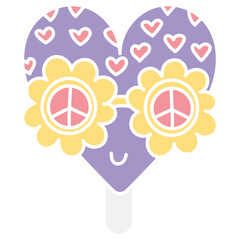 groovy ice cream, groovy boho popsicle in doodle flat color style. Colorful heart-shaped popsicle with peace-themed glasses.