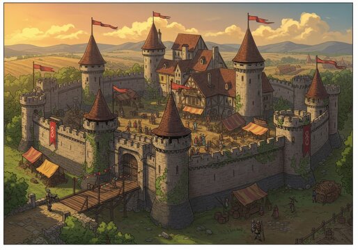 A majestic medieval castle town nestled amidst rolling hills, illuminated by a warm golden sunset