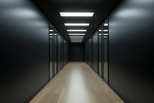 Dark hallway long corridor modern interior design wood floor glass doors sleek minimalist architecture - Powered by Adobe