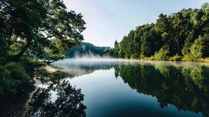 Fototapeta premium A gentle morning mist drifts over the still lake, mirroring the lush green trees that encircle its glassy surface in peaceful harmony.