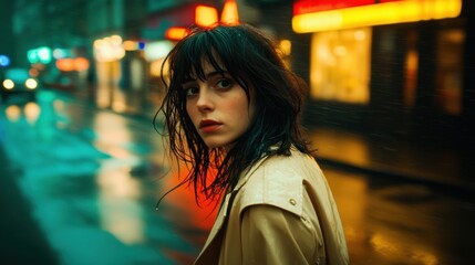 Fototapeta premium Woman in a trench coat stands in a rainy urban street at night with neon lights reflecting on the pavement