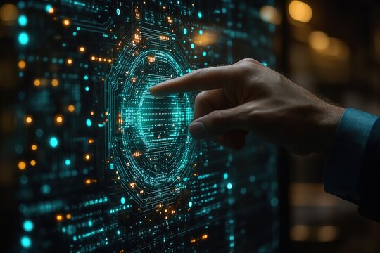 Hand touches a glowing digital interface with abstract circular patterns and connecting lines.