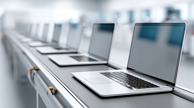 New laptops on assembly line in factory, ready to be packaged and shipped to customers.
