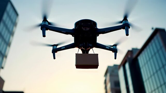 Drone Delivering Package Over Cityscape at Sunset