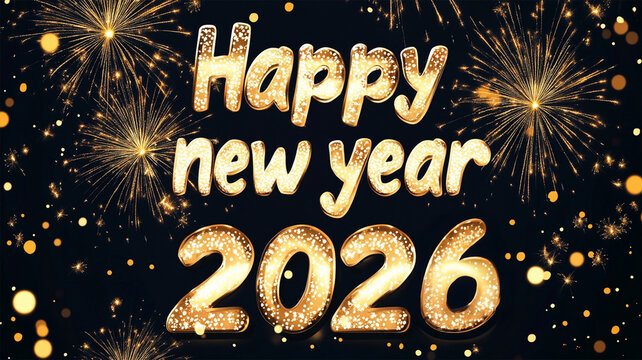 happy new year, new year's eve, silvester, new year, celebration greeting card, new year card - Year 2026 in sparkler font and firework fireworks pyrotechnic, isolated on black night sky background