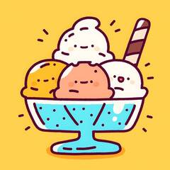 Cute and funny sundae in bowl with colorful ice cream scoops and straw