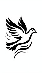 Fototapeta premium Flying dove illustration, black lines dove bird in flight, minimalist dove artwork, peaceful, freedom, flight, black, white, elegant, sketch, simple, vector, abstract, design, graphic, lineart, symbol