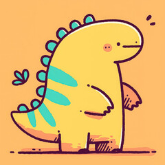 Cute and funny yellow dinosaur character with blue stripes, smiling happily