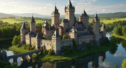 Obraz premium Majestic medieval castle with towers reflected on tranquil waterscape