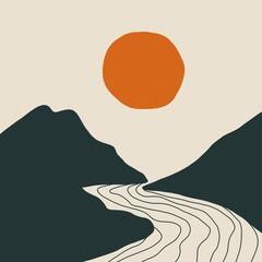 Minimalist landscape art with vibrant sun and flowing river at summer