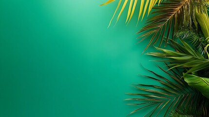 Fototapeta premium Lush green backdrop adorned with assorted tropical foliage along the right side