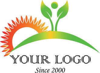Holistic wellness logo design with human, plant, and sunlight elements.