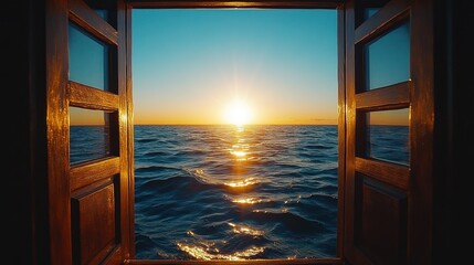 Ocean sunrise view through an open window.  Sunrise over the tranquil sea seen through a wooden window, bathed in warm golden light.  A peaceful, serene scene of nature's beauty