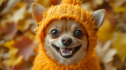 Smiling chihuahua in a vibrant orange hood with autumn foliage backdrop