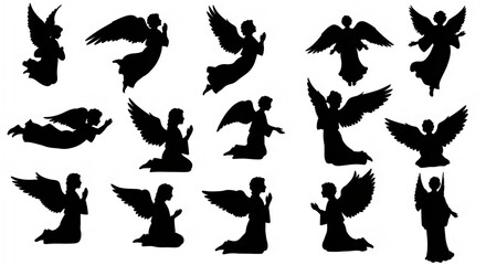 Winged Angel Silhouettes with Halos in Various Poses