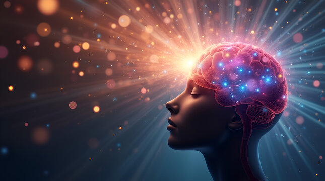 Concept art of a human brain exploding with knowledge, Surreal Concept Art of a Human Brain Exploding with Multicolored Rays of Knowledge and Abstract Shapes