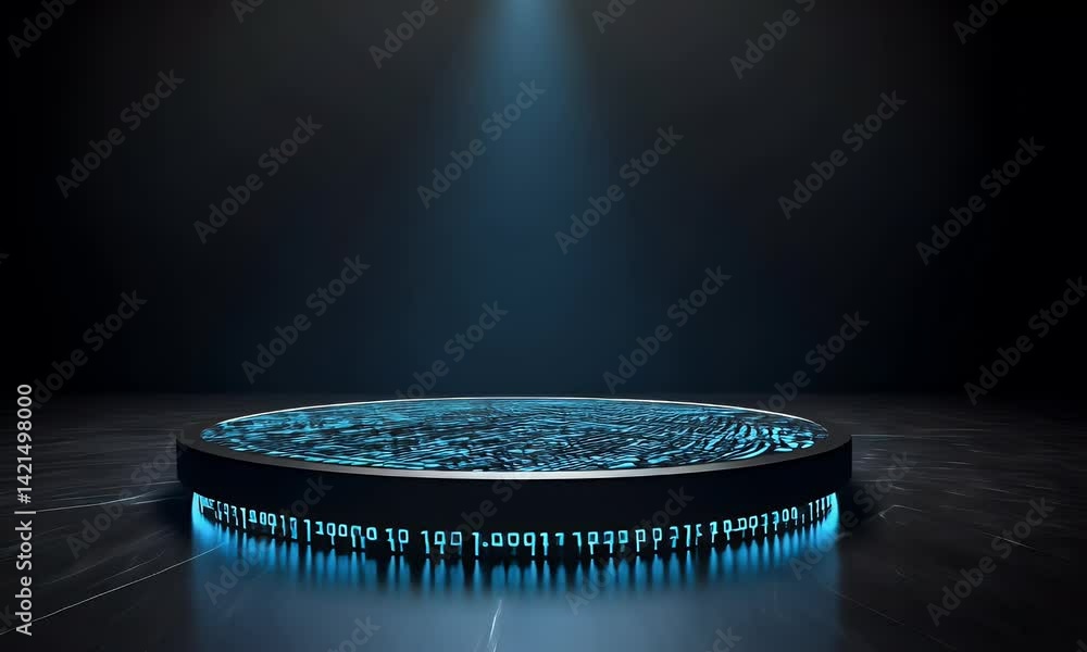 Poster a circular stage with led screens on both sides, displaying abstract images of water and ice in shad